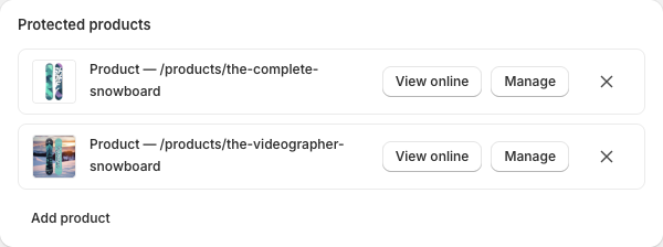 The Protected resources section of the lock editor, showing two attached products and an Add product button
