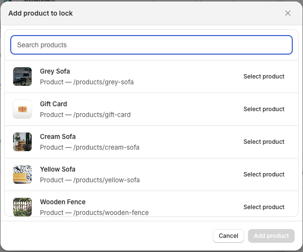 The resource picker modal, showing a product search and a list of products to select